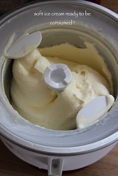 an ice cream maker is shown with the words soft ice cream ready to be consumed