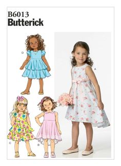 "Butterick Pattern B6013 Dress has bodice with raised waist, tie ends, flared skirt, back zipper and very narrow hem. A, B: Sleeveless, lined, ruffles attached to lining for petticoat and hi-low hem. A: Button holes for purchased ribbon belt. B: Peter pan collar and purchased trim. C: Wrong side shows on flutter sleeves. D: Bias binding for short puff sleeves. C, D: Lined bodice and two tiered skirt. Designed for Lightweight Woven Fabrics. FABRICS: Linen, Broadcloth, Dotted Swiss, Satins. Unsuit Circle Skirt Dress Pattern, Skirt Dress Pattern, Toddler Sewing Patterns, Circle Skirt Dress, Girls Clothes Patterns, Girl Dress Pattern, Butterick Pattern, Butterick Sewing Pattern, Ribbon Belt