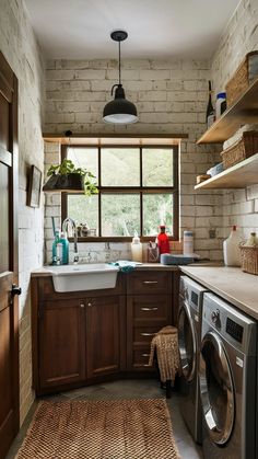 a washer and dryer sitting in a kitchen next to a window with open shelves