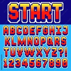 an old school computer font and numbers set up to spell the alphabet in pixel style