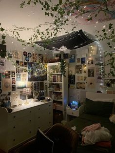 a bedroom with lots of plants hanging from the ceiling and pictures on the wall above it