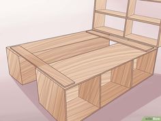 a wooden bed frame with drawers on each side