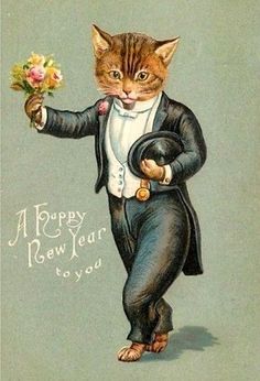 a happy new year to you card with a cat in a tuxedo holding flowers