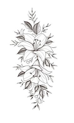 a black and white drawing of flowers with leaves on it's side, in the middle