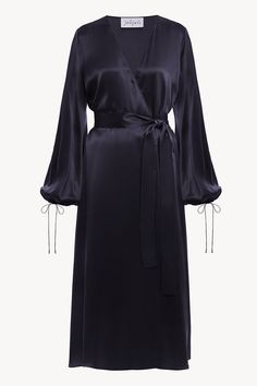 LESSLESS – Wrap silk dress in navy – LESSLESS LLC Silk Robes, Midi Wrap Dress, And Dresses, Fall Fashion Outfits, Couture Dresses, Party Fashion, Stunning Dresses, Well Dressed, Long Sleeve Maxi Dress