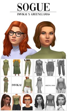 the female avatar is shown in different poses and hair colores, including red - haired women