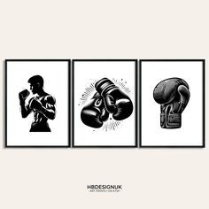 three black and white prints with boxing gloves on them, one is punching the other