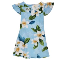 Girls Plumeria Dress Blue Plumeria, Easy Wear Dresses, Hawaii Dress, Hawaiian Floral Print, Muumuu Dress, Girls Sundress, Girls Blue Dress, Light Sky Blue, Business Casual Shirts