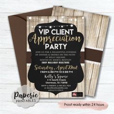 this is an image of a black and red party card with the words client appreciation party on it