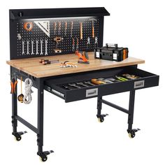 a workbench with tools on it is shown in this image, and the tool tray