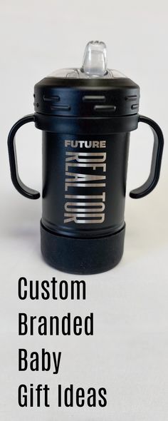 a black cup with the words custom branded baby gift ideas on it and an insulated lid