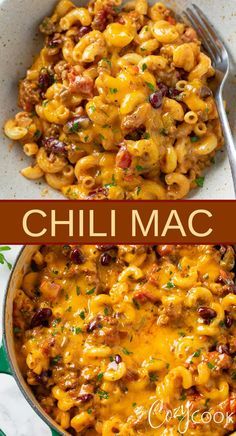 two pictures of chili macaroni and cheese