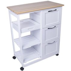 a white kitchen cart with drawers and shelves on wheels is shown in front of a white background