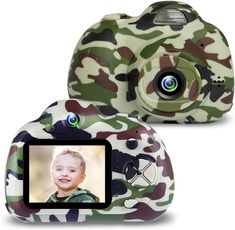 a camo print camera with an image of a child on the screen