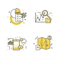 four line icons with different types of items in yellow and white colors on a white background