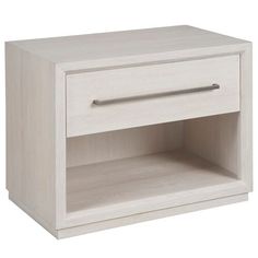 a white wooden night stand with an open drawer