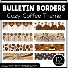 bulletin board with coffee theme and text that reads bulletin boards cozy coffee theme 10 designs