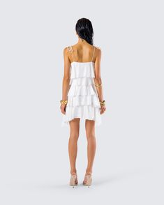 Show off all of your layers in this ivory tiered ruffle dress 🤍 Made from georgette fabric and complete with an A-line design and invisible zipper - this simple yet playful look is perfect for all of your rendezvous 😏 Tiered Chiffon Mini Dress For Brunch, Tiered Ruffle Dress With Layered Hem, Flirty Tiered Skirt Ruffle Dress For Brunch, Tiered Chiffon Mini Dress With Ruffles, Flirty Tiered Ruffle Dress For Brunch, Chiffon Ruffle Dress With Ruffle Hem For Brunch, Chic Chiffon Tiered Ruffle Dress, Flowy Tiered Party Dress, White Tiered Dress For Party