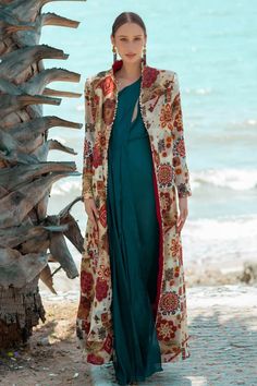 Teal blue and ivory draped maxi one-shoulder dress. Paired with an embroidered long jacket. - Aza Fashions Ivory Drapes, Long Wrap Dress, Blue Organza, Dress With Jacket, Beaded Neckline, Jacket For Women, Long Jacket, Jacket Pattern, High Collar