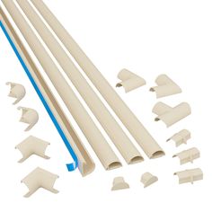 an assortment of white plastic parts for windows and doors on a white background with blue trim