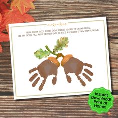 a card with two hands holding leaves and the words, instant handprinting on it