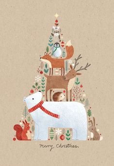 a christmas card with animals and trees