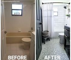 before and after photos of a bathroom remodel with tile flooring, tub, shower curtain, and toilet