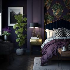 a bedroom with dark purple walls and bedding, plants in vases on the side table