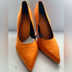 These Shoes Are New, Never Worn, There Is A Small Defect From Trying Them On At The Store (Circled In The Last Photo, Small Black Dots). Very Comfortable Shoes. Summer Fitted Court Shoes With Closed Toe, Trendy Summer Court Shoes For Formal Wear, Trendy Zara Pointed Toe Heels, Chic Orange Heels, Formal Fitted Orange Heels, Orange Pointed Toe Heels For Work, Orange Heels For Workwear, Zara Spring Party Court Shoes, Orange Synthetic Heels For Formal Occasion