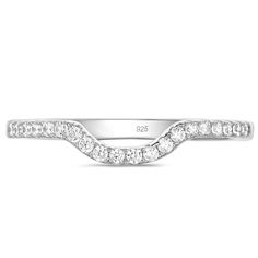 a white gold wedding band with round cut diamonds on the side and curved shans