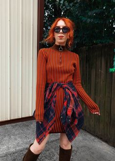 70s meets 90s with this Organic Cotton Knit Mock Neck Zip Front Mini Dress in Orange and Brown Stripe by Another Girl Swiss Fashion Outfits, Orange And Black Outfit, Flannel Tied, Clothes Alt, Mom Fits, Doc Martens Women, Mockneck Dress, Corporate Goth, Rubber Soul