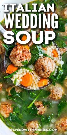 italian wedding soup with meatballs and spinach in a white bowl on a wooden table