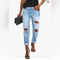 Nwt! Kunmi Women's Ripped Mid Waisted Boyfriend Jeans Loose Fit Distressed Stretchy Denim Pants. Bought Off Amazon But Forgot To Return In Time. My Loss If Your Gain! Mid Waist Jeans, Street Jeans, Womens Cropped Jeans, Chic Jeans, Moda Jeans, Jean Straight, Jeans Casual, Jeans Size Chart, Jeans Boyfriend