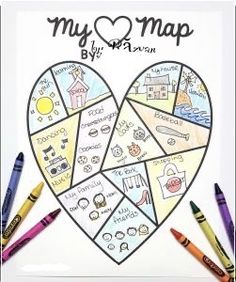 a heart shaped coloring page with crayons and markers on the bottom, in front of it