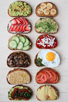 an assortment of sandwiches with different toppings on them