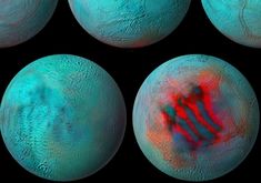 four different views of the planets with red and blue markings on them, including one that appears to be martian's crater