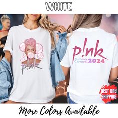 two women wearing pink hair and t - shirts with the text, more colors available