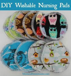 an assortment of diy washable nursing pads with owls on them in various colors