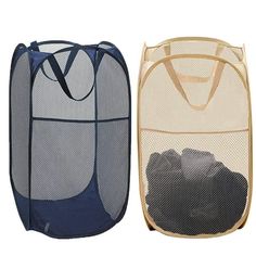 two laundry hamper bags one is blue and the other has beige mesh material with handles