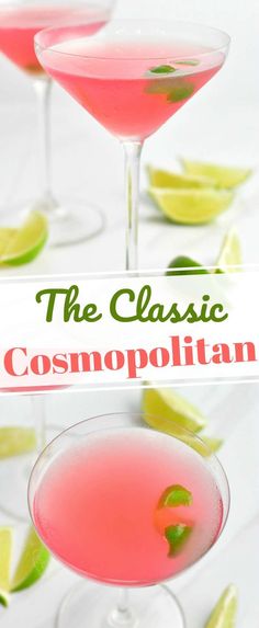 the classic cosmopolian cocktail is served in coupe glasses with lime wedges