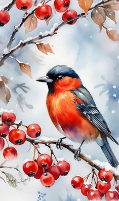 a painting of a bird sitting on a branch with berries in the snow behind it