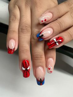 #geloverlay#biab#gelnail#nails#fallnails#spiderman#spidermannails#ongles Basic Spiderman Nails, Spiderman Christmas Nails, Blue Spiderman Nails, Nail Designs Spiderman, Nails Spiderman, Spider Man Nails, Spiderman Nails, Superhero Nails, Marvel Nails