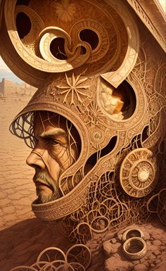 a painting of a man's head with gears on it