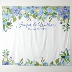 a blue and green floral bridal shower curtain hanging on a wall with the words, jesus's bridal shower june 25, 2009