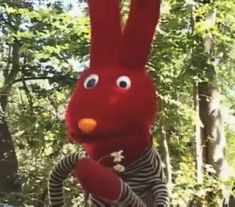 a red stuffed animal standing in the woods