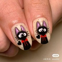 Pete The Cat Nails, Cat Nail Art Designs, Black Cat Nail, Cat Nail Designs, Tape Nail Art, Cat Nail Art, Nail Art Designs Images, Cat Nail, Korean Nail Art