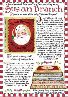 an advertisement for susan branch's christmas books, with santa claus on the cover