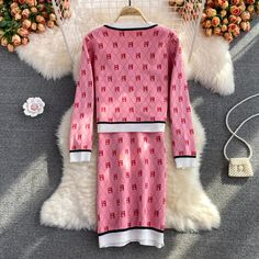 Materials: other Size: one size Color: Pink Suspender Dress, Knitted Cardigan, Knit Cardigan, Bell Sleeve Top, Two Piece, Long Sleeve Dress, V Neck, Pink, Women's Top