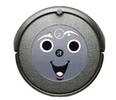 an electronic device with a face drawn on it's front side and eyes open