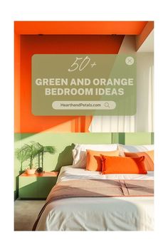 Bright bedroom with green and orange accents and modern decor Light Green And Orange Bedroom, Green And Orange Bedroom, Orange Boys Rooms, Green Rug Bedroom, Orange Ideas, Orange Bedroom Ideas, Feeling Peachy, Orange Rooms, Orange Bathrooms